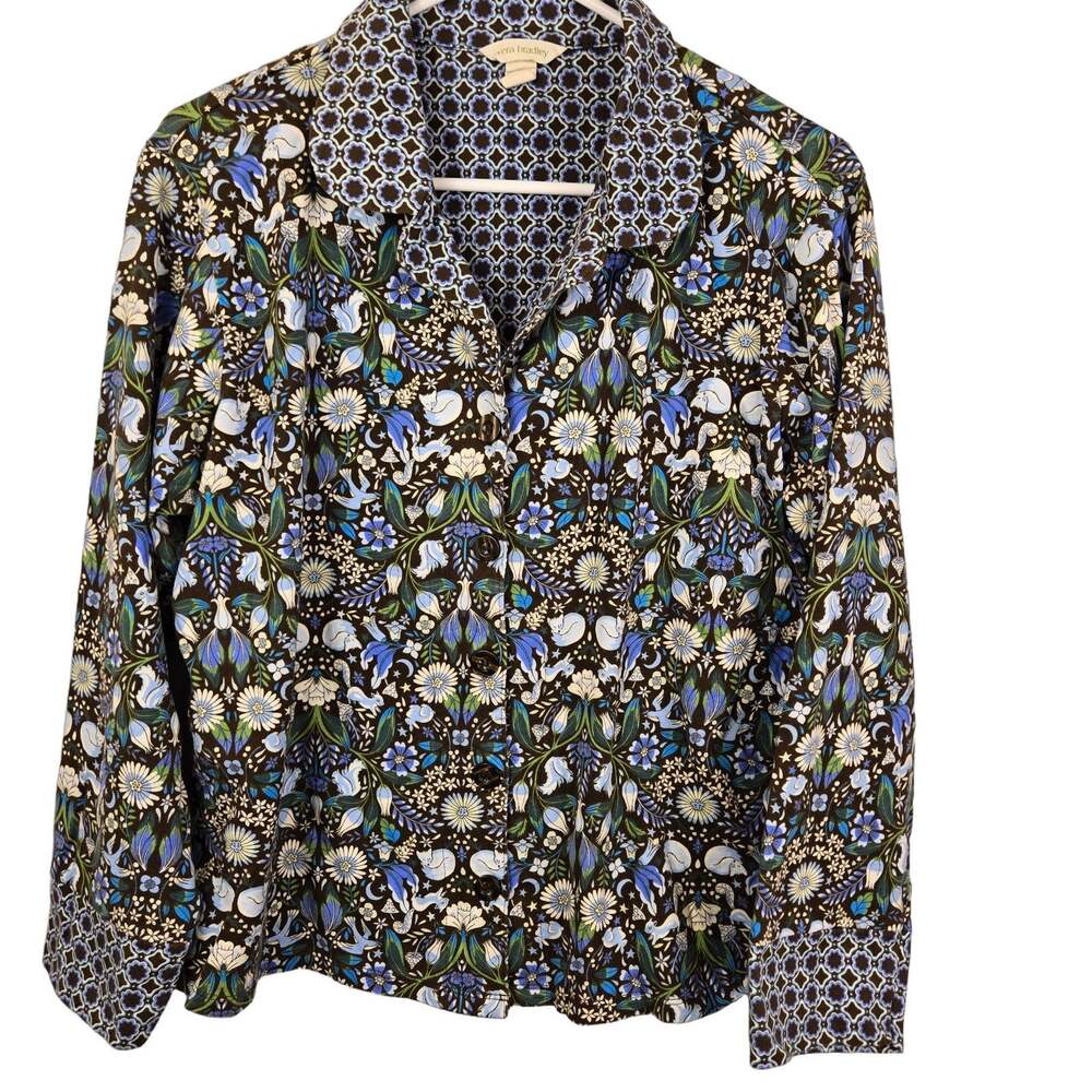 Vera Bradley Women L Button Down Shirt Floral Cat Squirrel 100% Cotton Knit